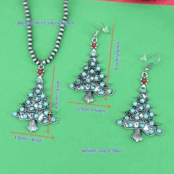 Turquoise Christmas Tree Beaded Necklace and Earring Set - Picture 4 of 5